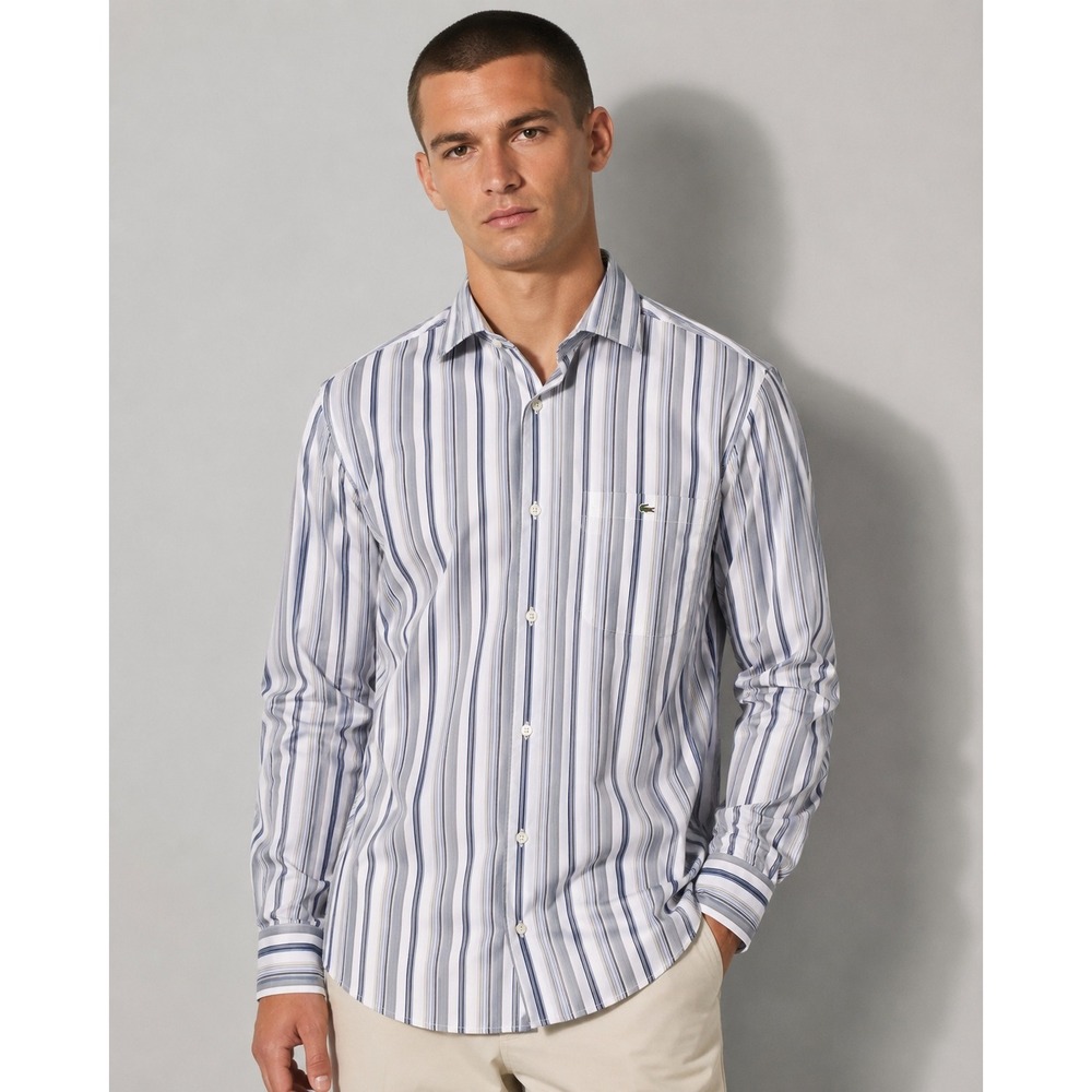 Lacoste Mens Long Sleeve Button Down Shirt Blue Grey Striped Size 42‎ L